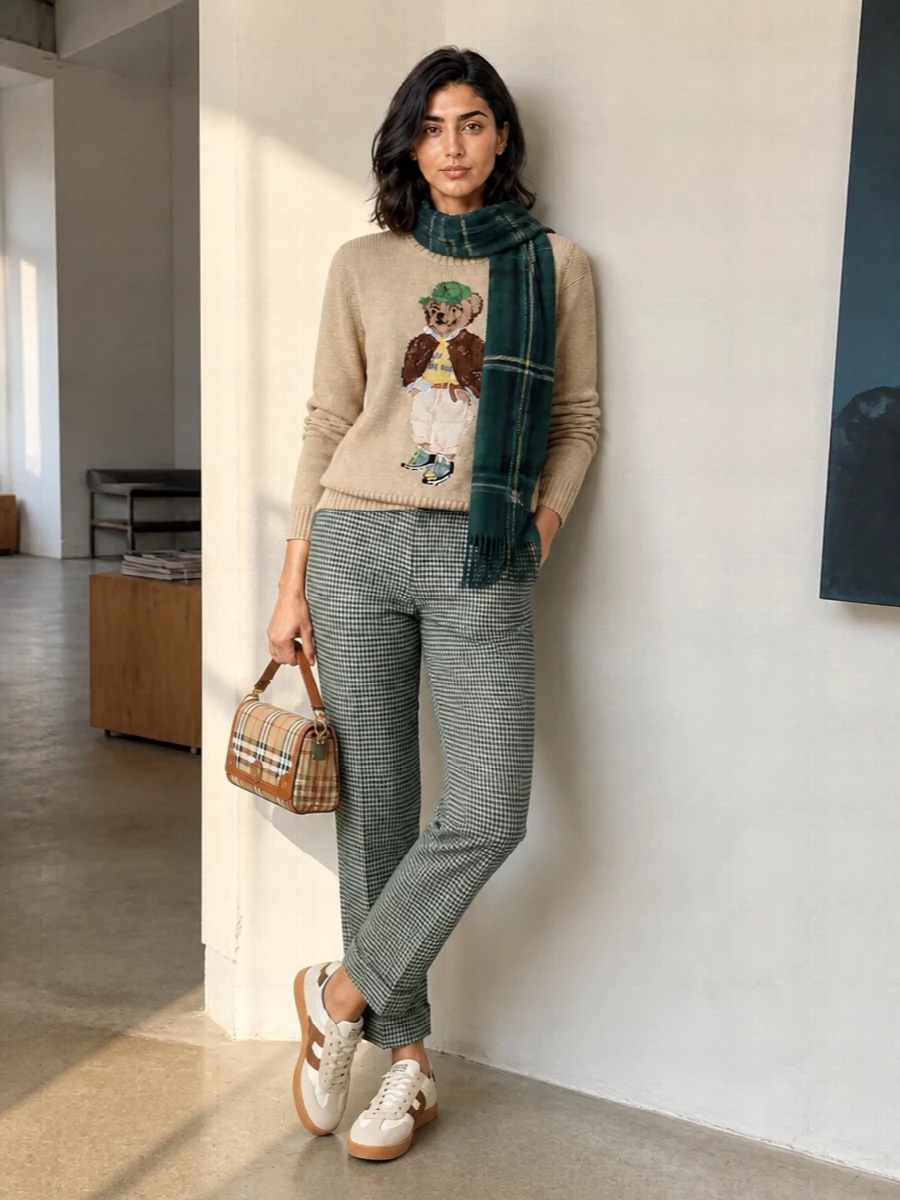 A camel Polo Bear knit meets forest green checked trousers for a playful take on collegiate polish, anchored by creamy retro sneakers. The compact Burberry shoulder bag and matching green scarf introduce just enough heritage detail to keep everything feeling intentional and quietly refined. It is an off-duty city outfit that balances comfort, pattern and colour without tipping into novelty.