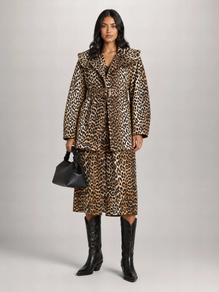 Ganni Leopard-Print Double-Breasted Trench Coat