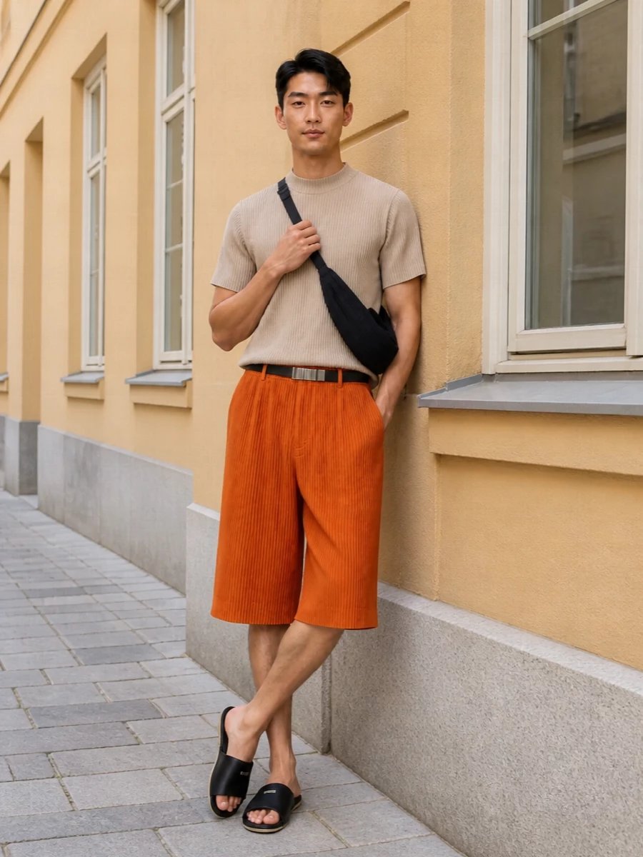 Burnt orange pleats meet soft sand beige for a warm, minimal pairing that feels graphic but easy. Black slides and a pleated crossbody pull the line back to the body, so the volume stays sharp rather than sloppy. A slim belt at the waist defines the mid-length short and keeps the proportion clean through the torso.