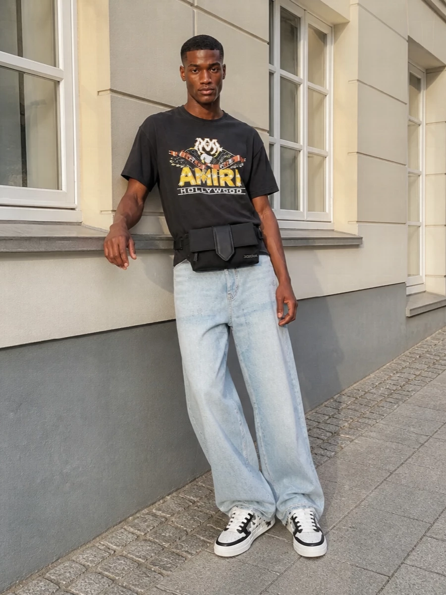 Amiri wide leg jeans hollywood tee outfit