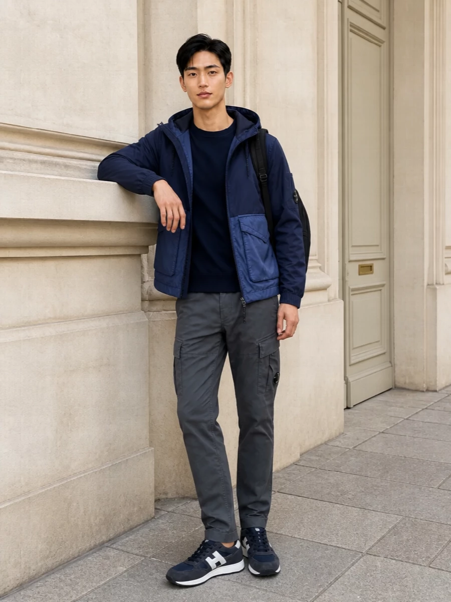 Cp company navy jacket cargo pants outfit