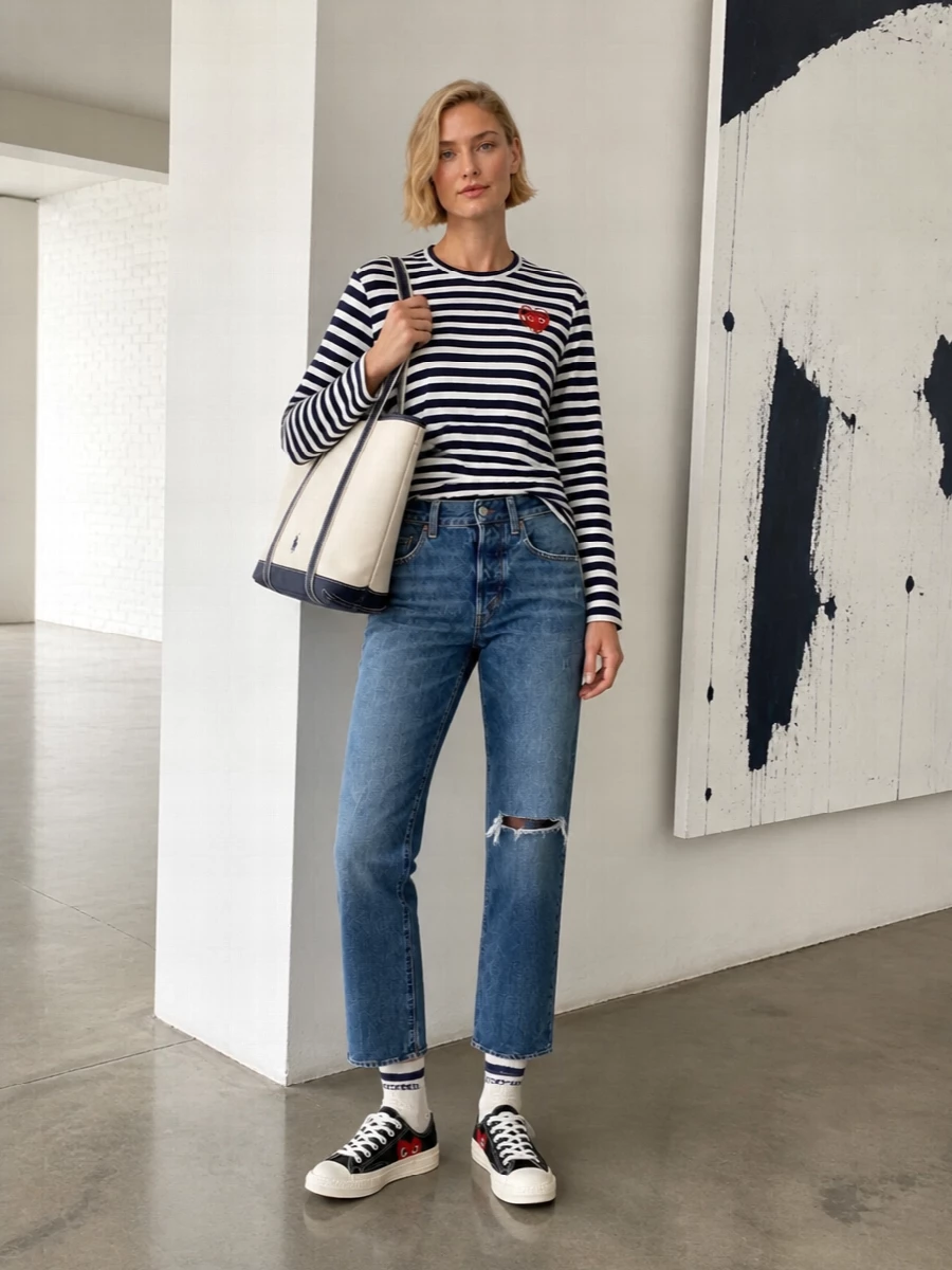 A classic navy striped tee meets lived-in straight-leg denim for a clean, off-duty uniform with a quietly preppy edge. Canvas sneakers and striped socks keep the energy relaxed and graphic, while the structured cream-and-navy tote leans into a subtle nautical attitude that still works in the city.