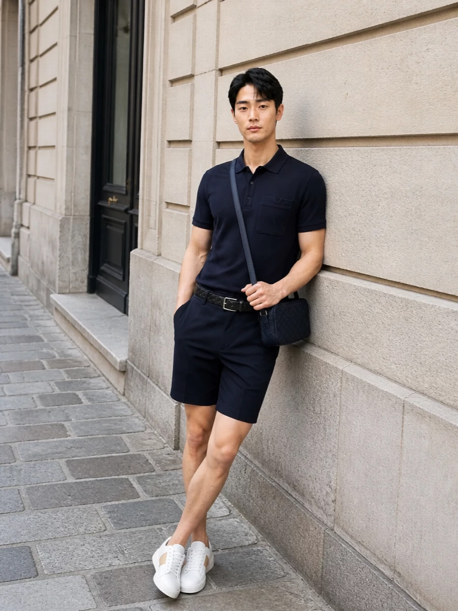 This look builds a modern navy set around the Valentino polo and matching tailored shorts, keeping the silhouette clean, regular and quietly refined. Soft white-and-sand sneakers introduce a light, summery contrast, while the navy intrecciato crossbody and discreet black belt add just enough texture to signal craftsmanship without disturbing the pared-back ease.