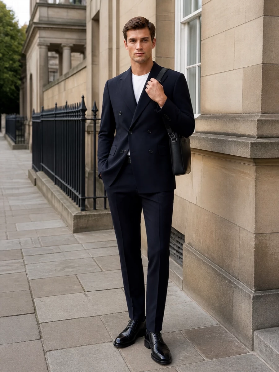 Tagliatore navy suit black derby shoes