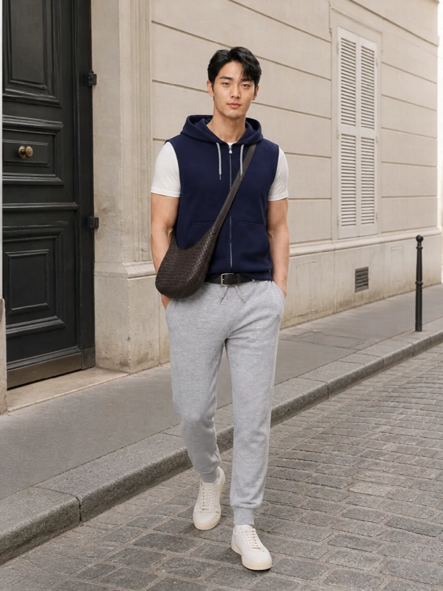 This look leans into elevated athleisure: the navy Brunello Cucinelli sleeveless hoodie grounds the outfit, while heather-grey tapered track pants keep the line relaxed yet considered. Off-white Brunello sneakers and a dark chocolate intrecciato crossbody maintain the quiet-luxury mood, with a slim black belt available to sharpen the waist without disrupting the clean, tonal palette.