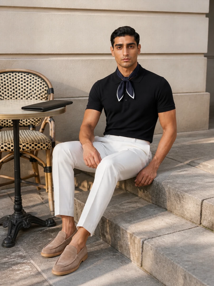 A black Tom Ford polo meets crisp off white tailoring for a sharp, low-key take on warm weather dressing. Taupe suede loafers keep the mood relaxed but refined, while a slim black Tom Ford pouch and a navy bordered scarf add just enough structure and detail. The result is a clean, confident outfit that moves easily from daytime meetings to a late dinner reservation.