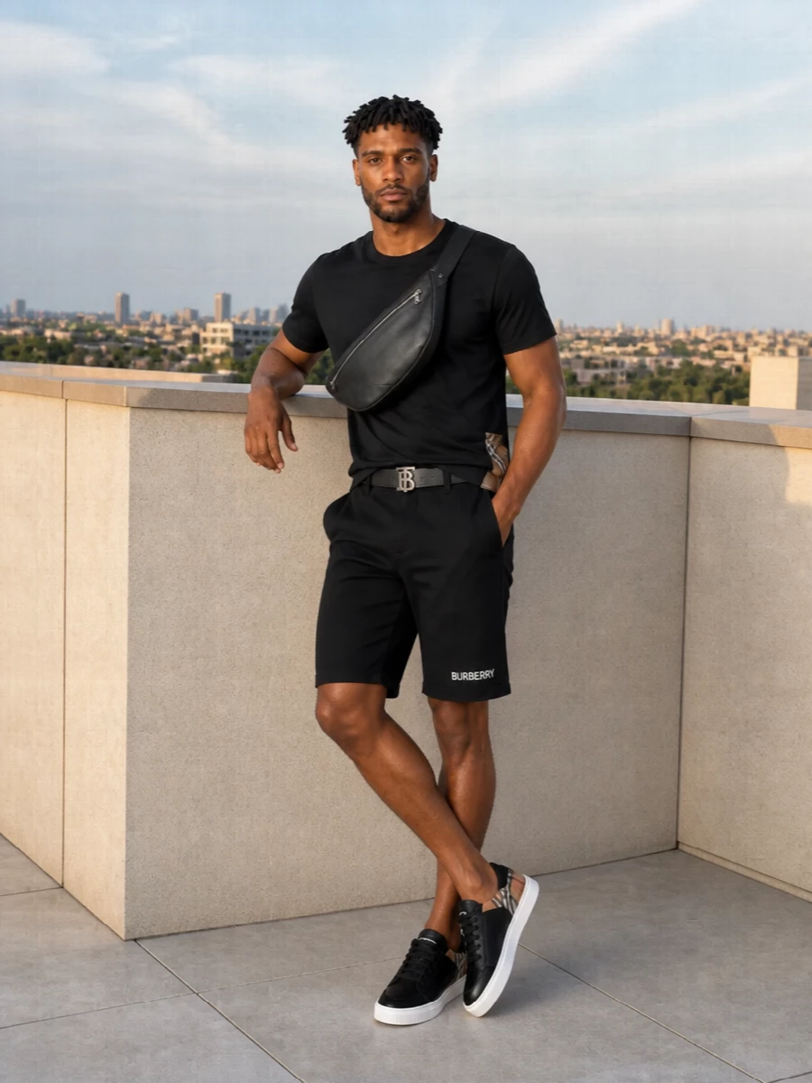 Burberry black tee chino shorts sneakers outfit