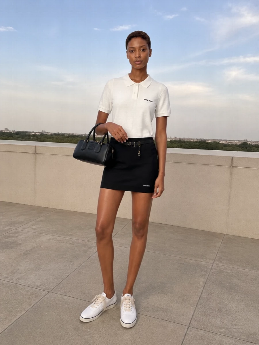 Miu miu black knit shorts ivory polo outfit