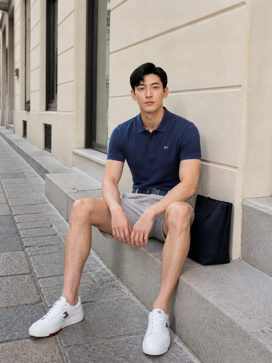 Tommy hilfiger navy polo stone shorts outfit