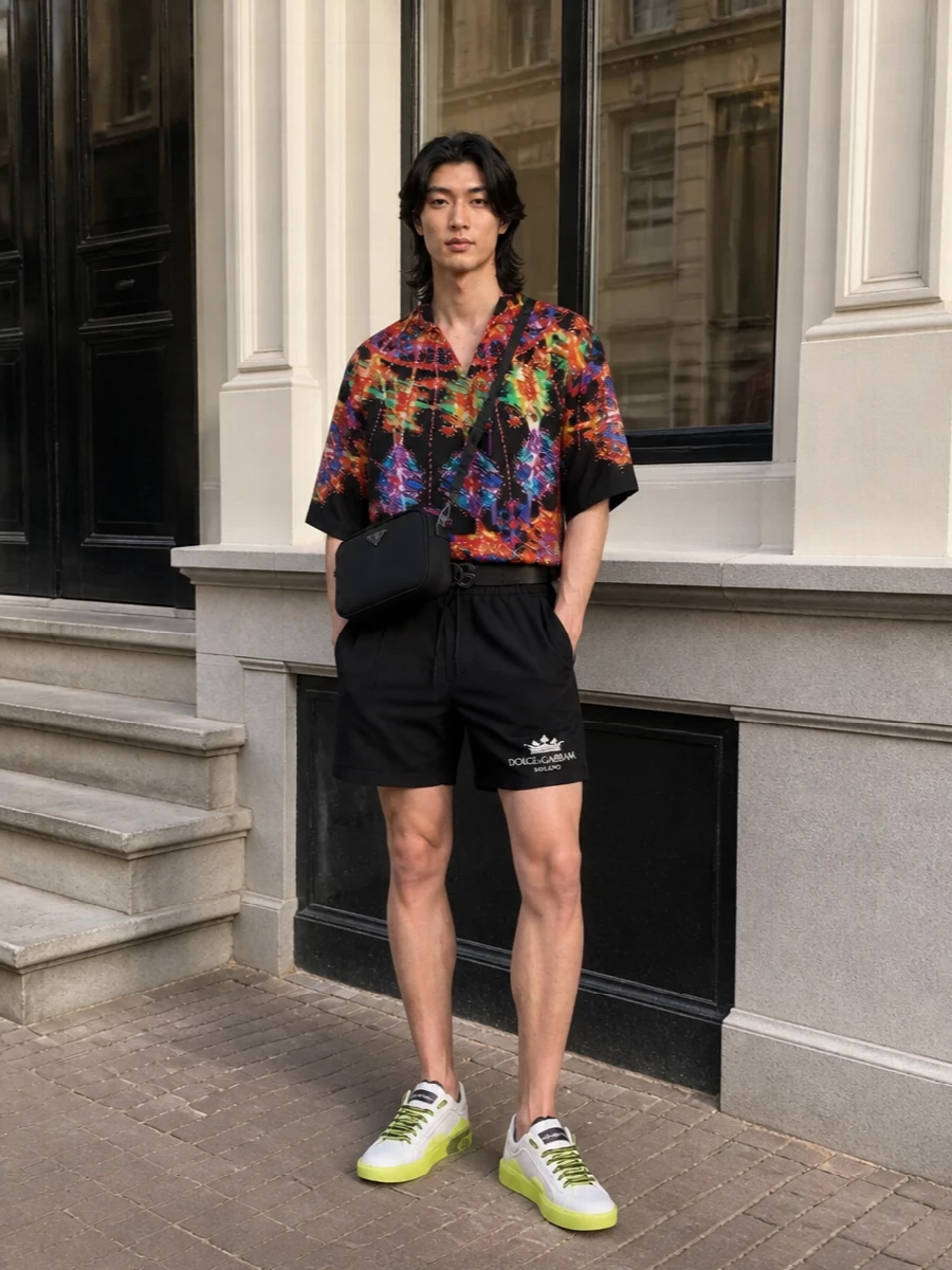 Dolcegabbana neon shirt black shorts prada bag