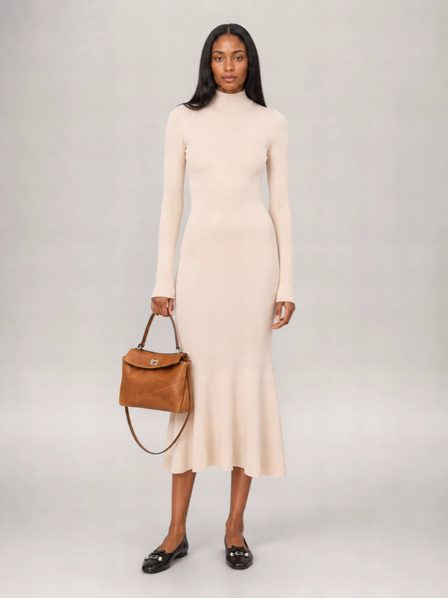 The ribbed beige midi dress and black flats create a quiet, elongated silhouette that feels refined without tipping into formality. Its warm neutral tone picks up the cognac of the bag, so the whole outfit reads as one continuous, soft palette. Choosing the dress path rather than separates keeps the styling minimal and distilled, which suits the structured, quietly luxurious bag best for polished daytime and discreet evening plans alike.
