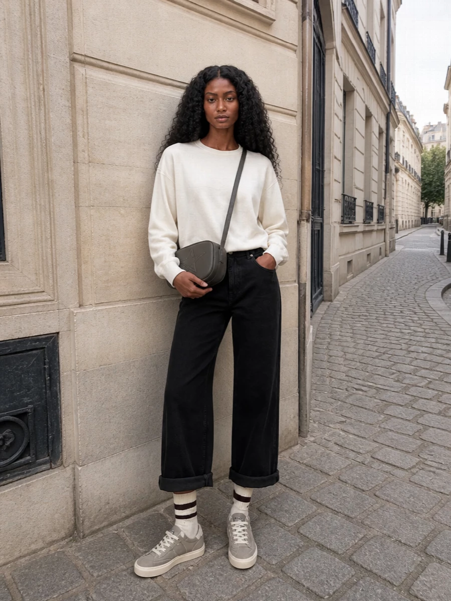 Golden goose sweatshirt wide leg jeans outfit