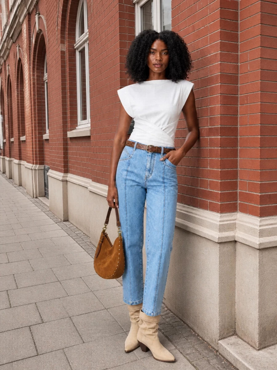 Isabel marant denim jeans white top suede boots