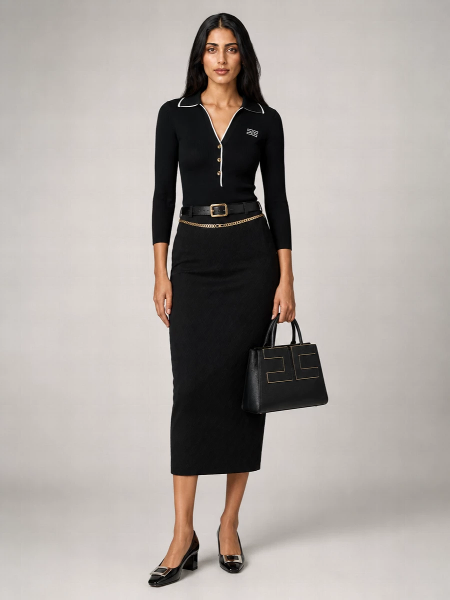 Elisabetta Franchi Wool Ribbed Slim-Fit V-Neck Polo Shirt