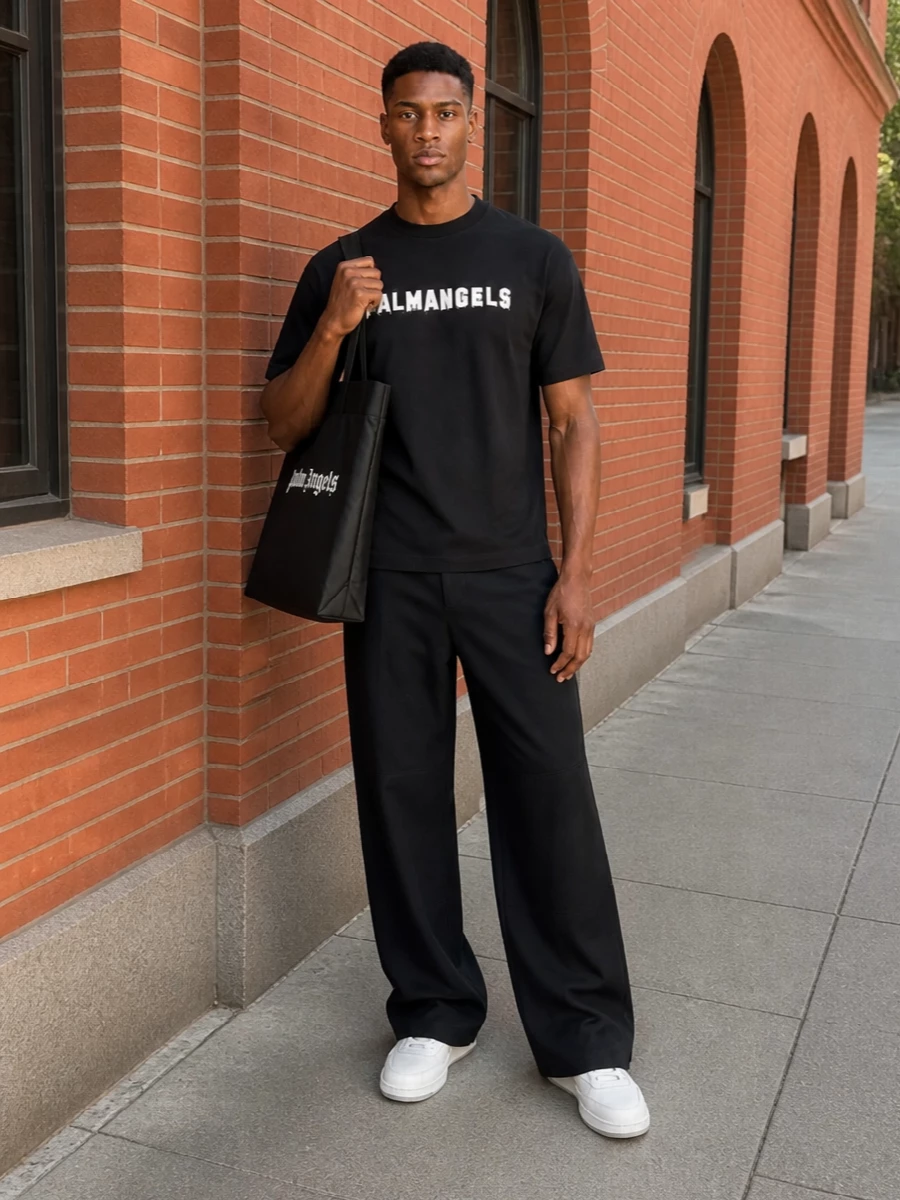 Palm angels black logo tee wide leg trousers