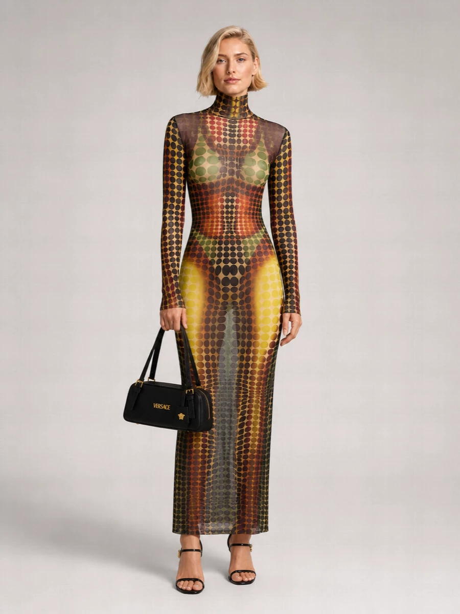 A hyper-graphic mesh maxi meets razor-sharp black and gold accessories for a pure after-dark statement. Stripped-back sandals and a compact baguette keep the print in control, while a slim baroque scarf adds just a hint of house glamour. The result is long, lean and nightlife-ready without ever feeling over-styled.