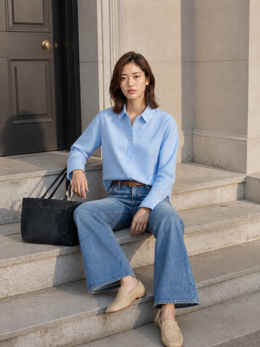 7 for all mankind flare jeans striped shirt outfit