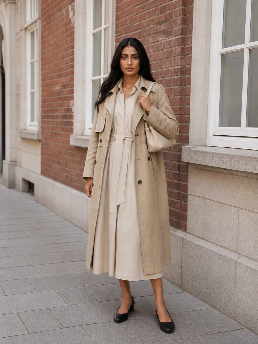 I’m styling this as a dress-and-trench combination rather than suit separates, keeping the focus on one clean, belted column under the coat instead of competing lapels and tailoring. The light beige shirt dress echoes the trench’s utility and softness, while black slingback sandals and a sculpted buttercream bag sharpen the neutrals into something city-ready and quietly composed. The result is a long, uninterrupted line in warm tones, finished with black at the feet for definition rather than distraction.