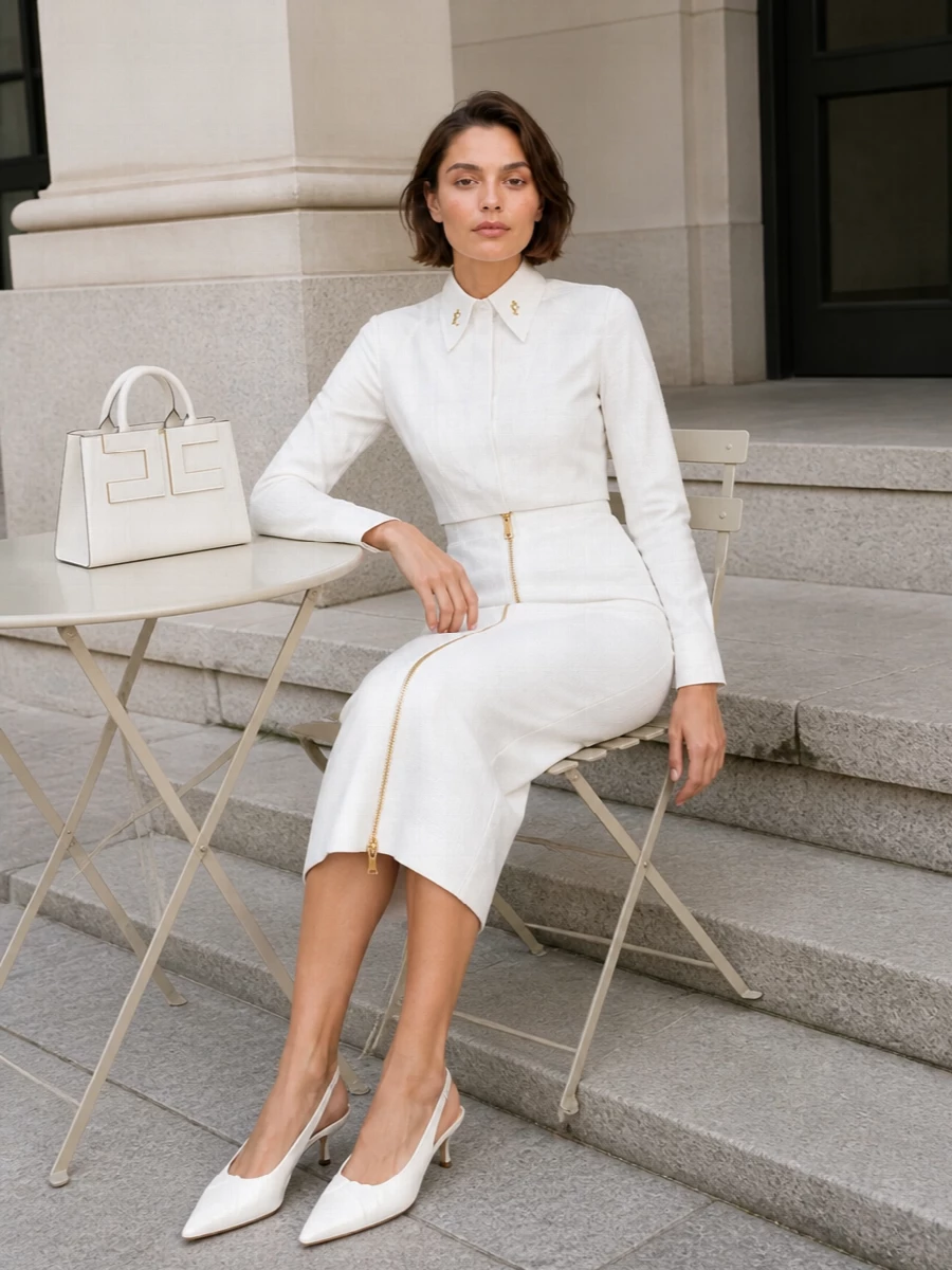I am building around the dress rather than trouser tailoring, because the cropped white Elisabetta Franchi outerwear reads like a shirt-jacket that wants a clean, uninterrupted column underneath. The ivory bodycon midi picks up the same gold hardware and polished structure, while the slingback and bag keep everything in a tight, luminous palette. The result is a quietly powerful dinner-to-event ensemble that feels precise without ever looking overworked.