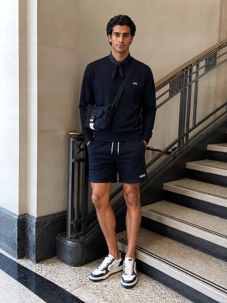 Autry navy sweatshirt shorts sneakers outfit