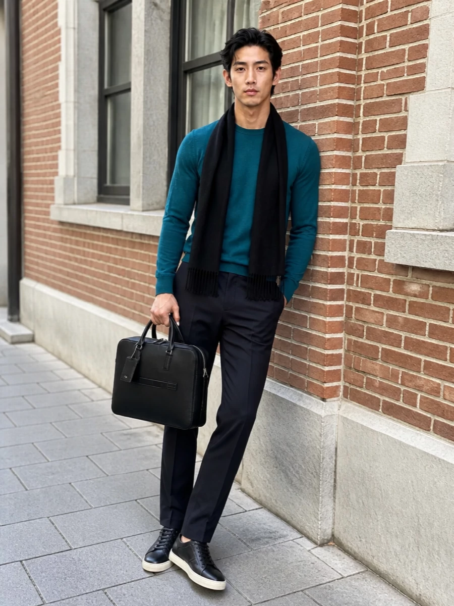 Tom ford teal sweater navy trousers sneakers