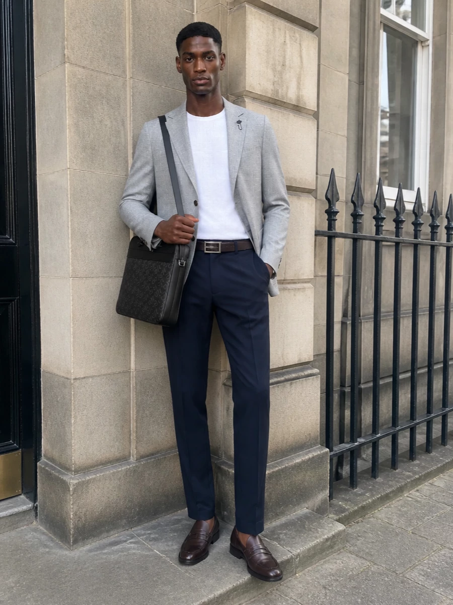 Lardini navy trouser grey blazer outfit