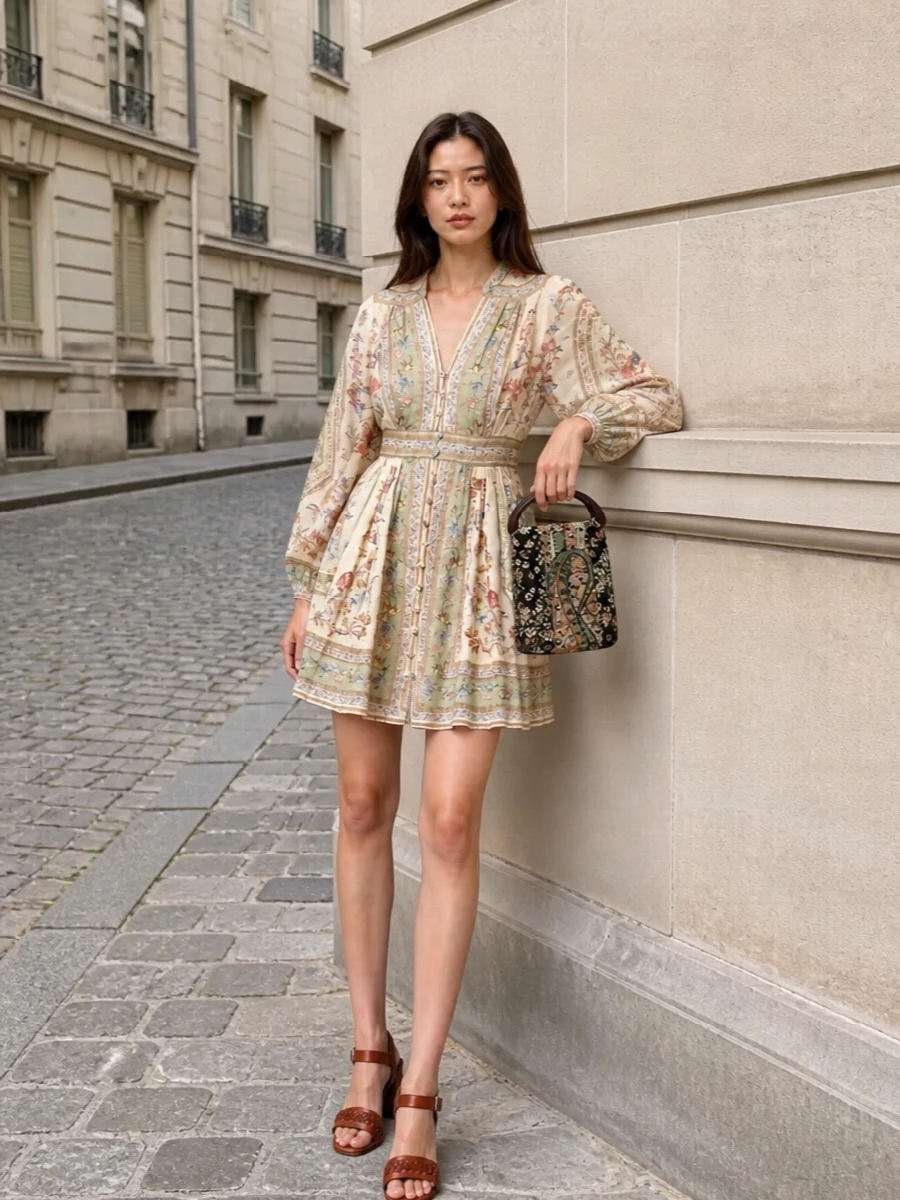 This pairing leans into the bag’s romantic, boho side, with the Zimmermann floral mini echoing its tapestry jacquard in both palette and mood. The cinched waist and airy sleeves balance the bag’s structured vertical shape, while the terracotta block-heel sandals ground the outfit in warm, earthy tones that feel right for cool-season lunches, gallery afternoons, and relaxed dinners. I chose the dress path instead of separates to keep the print story unified and let the bag read as a statement piece rather than fight with another dramatic bottom silhouette.