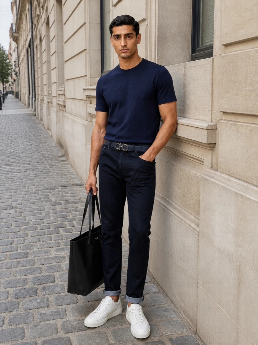 Ferragamo navy tee dark denim sneakers