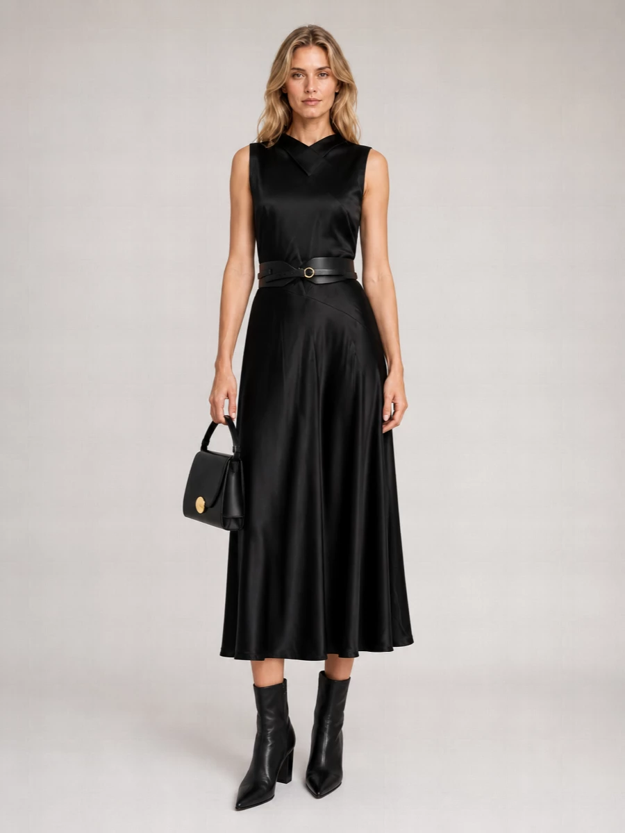 Jil Sander Cupro Asymmetric Scarf-Collar Short-Sleeve Ankle-Length Dress