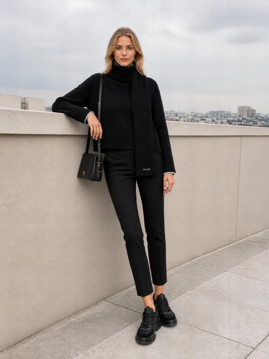 Pinko black turtleneck cropped trousers sneakers