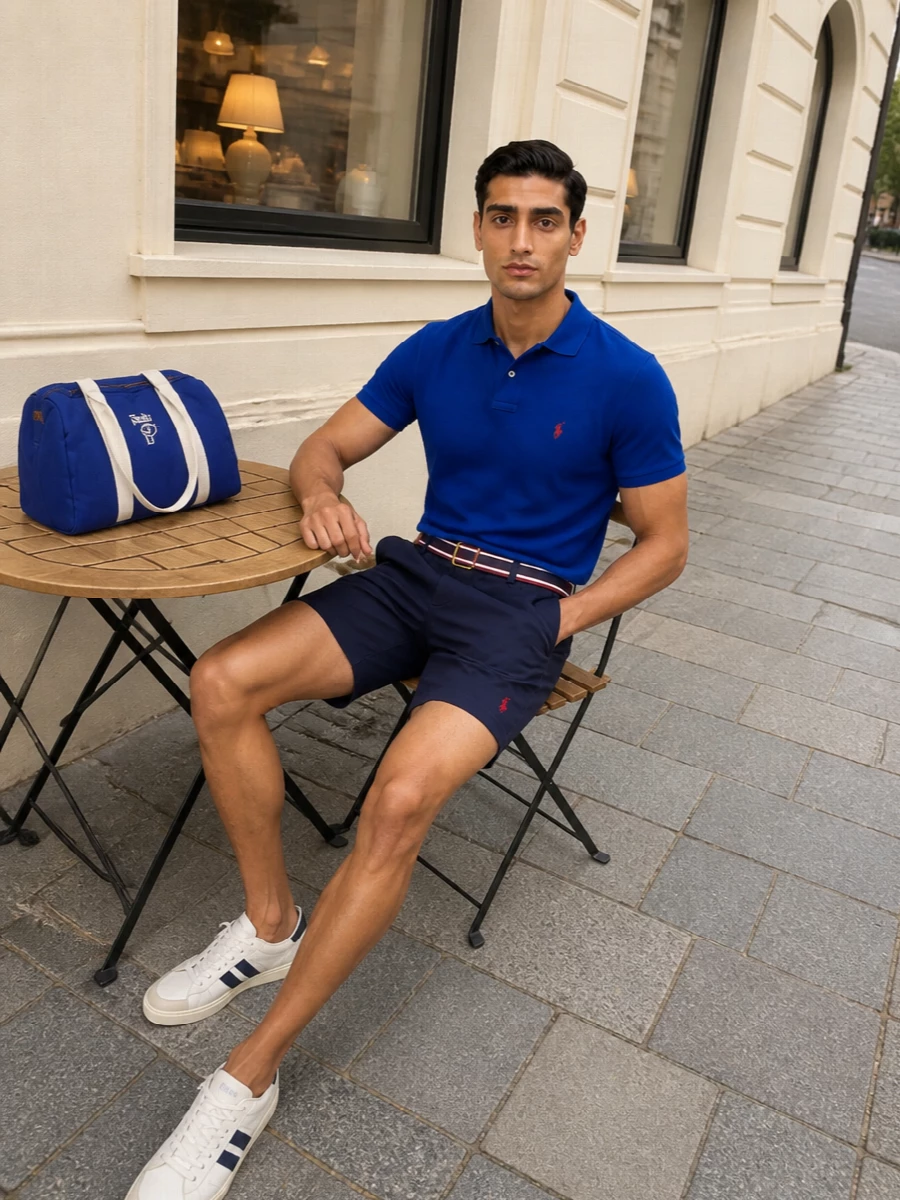 Royal blue and deep navy keep this Polo-on-Polo pairing sharp, with the red accents tying the whole palette together in an easy collegiate way. The tailored-feeling mid-length short and clean court sneaker sit in that sweet spot between beach and city, relaxed yet still considered. The structured duffle and striped belt add just enough polish so you can head straight from the pool to a casual dinner without changing the core pieces.