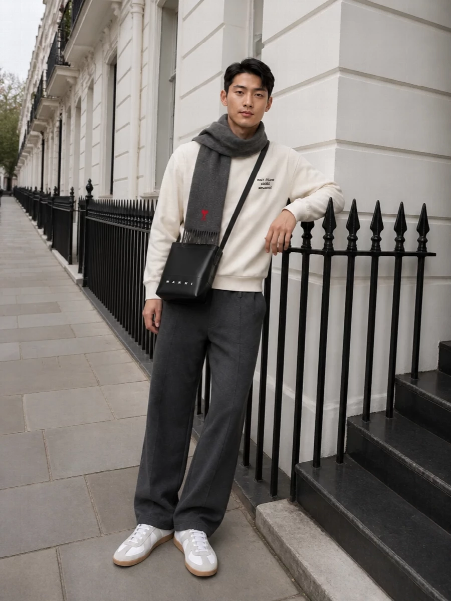 Soft off-white on top and charcoal through the leg create a calm, graphic balance that feels very city-ready without trying too hard. White gum-sole sneakers keep it light at the foot, while the black crossbody and charcoal scarf add just enough contrast and texture to finish the outfit cleanly. The result is an easy Paris-informed street uniform that works from slow weekends to casual office days.