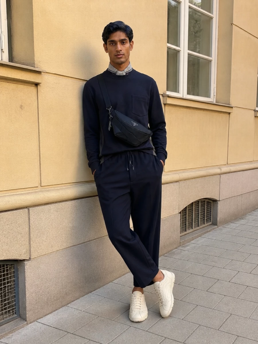 Sacai navy shirt cropped trousers prada sneakers