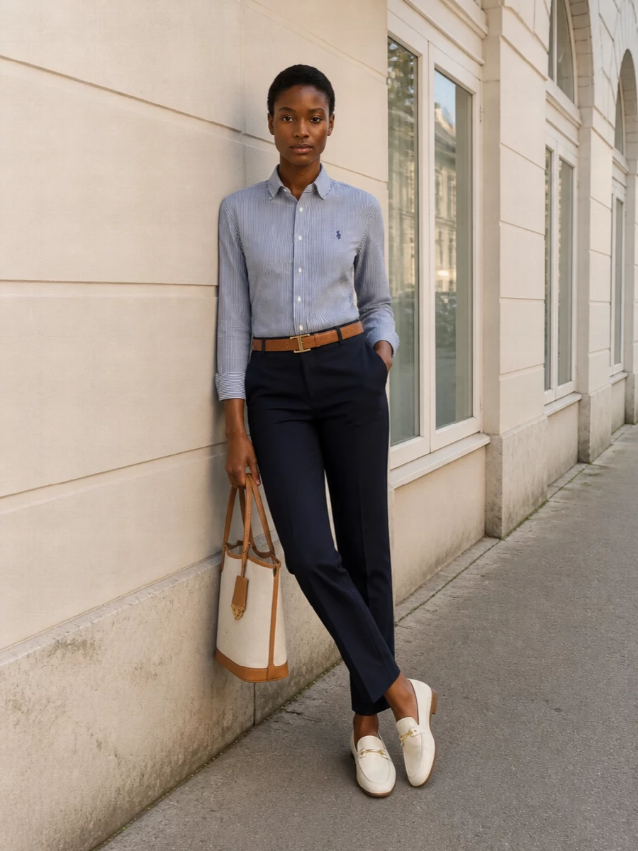 Polo ralph lauren navy trousers striped shirt outfit