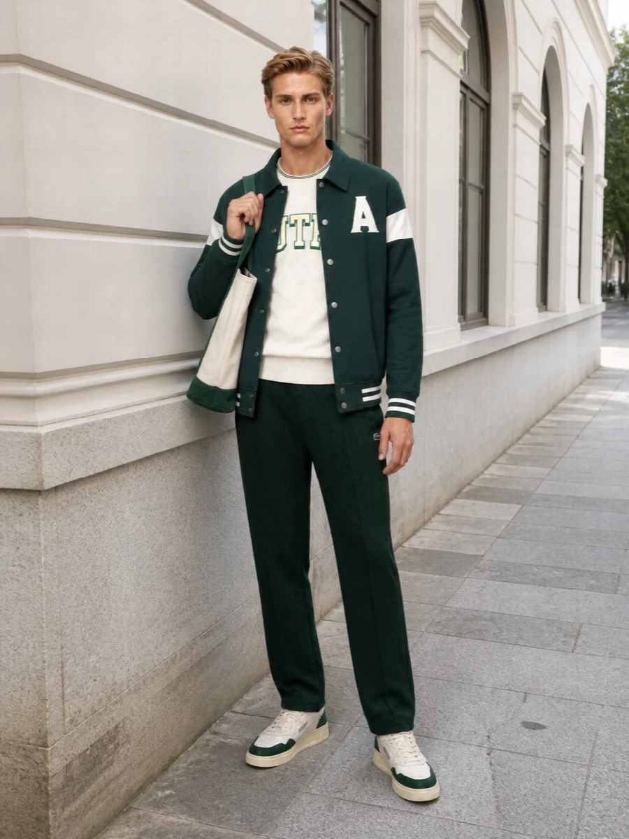 Autry varsity jacket green track pants outfit