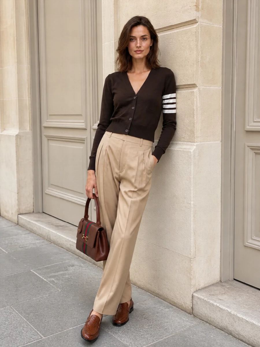 A chocolate V-neck cardigan tucked into high-rise camel pleated trousers nods to classic campus tailoring while reading completely grown-up. The Gucci top-handle bag and woven cognac loafers keep the palette warm and collegiate, with subtle texture doing the work instead of logos. It is the kind of softly structured uniform you wear from client catch-ups to late-afternoon gallery visits without changing a thing.