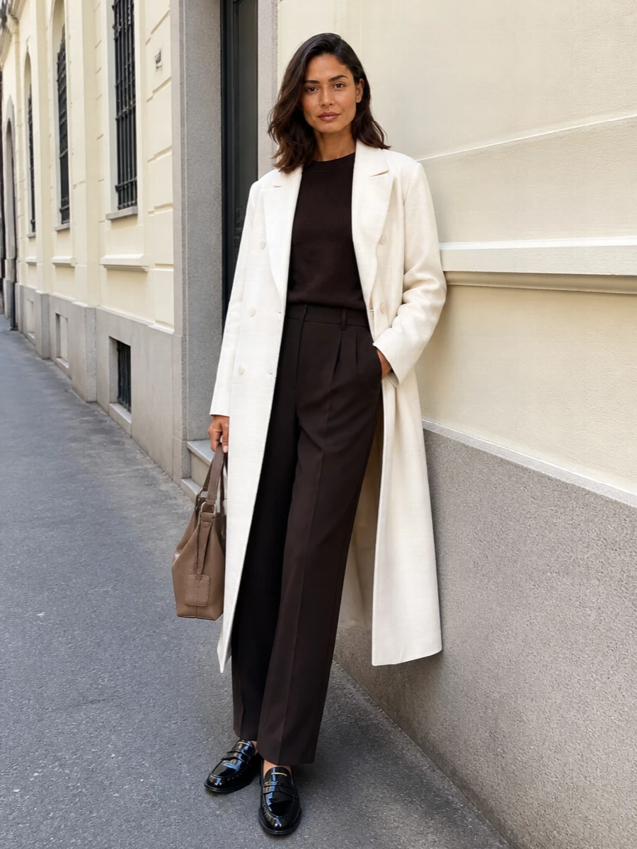 Frankie shop ivory coat brown trousers outfit