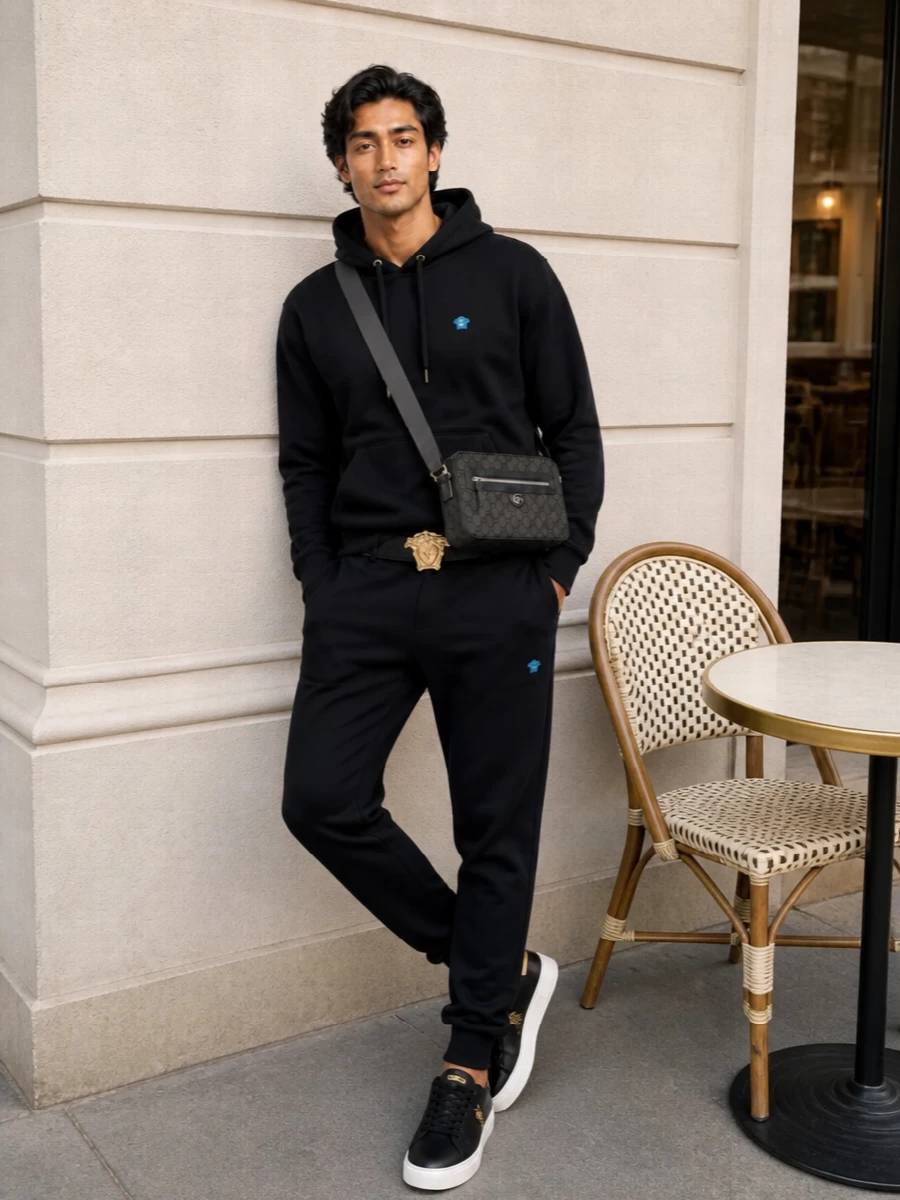 Versace black hoodie joggers sneakers outfit