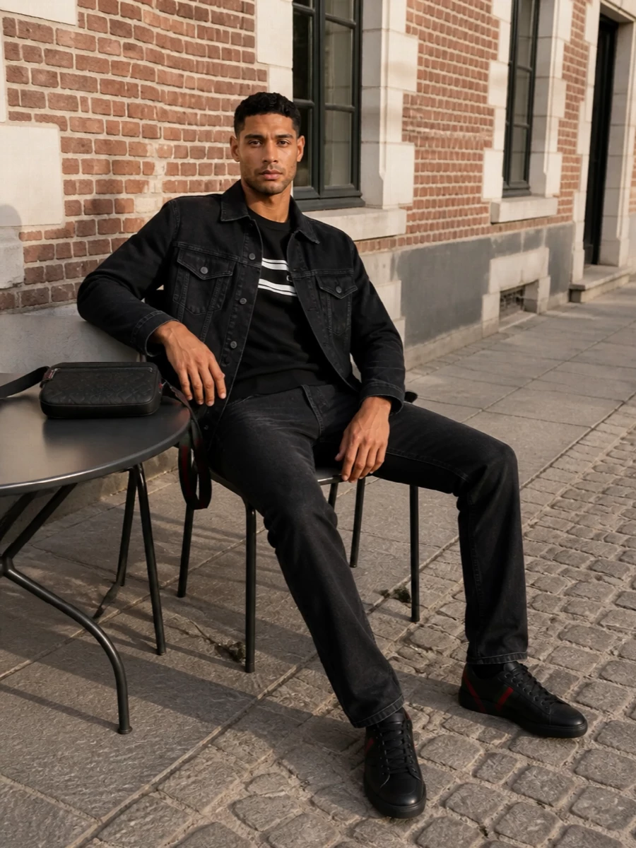 Gucci black denim jacket jeans sneakers outfit