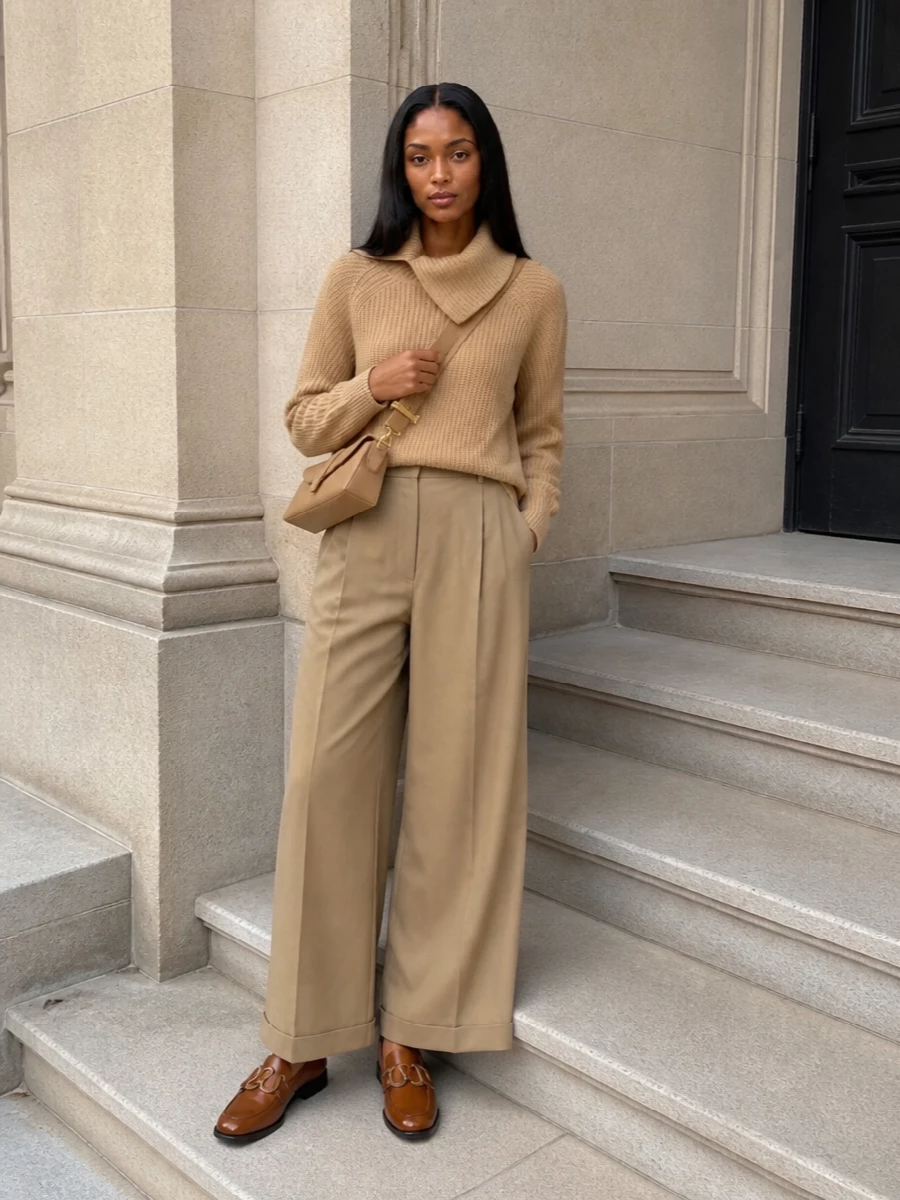 Camel on camel keeps the wide-leg trouser feeling intentional, with the ribbed cowl knit softening the architecture into something quietly relaxed. Cognac loafers and a sculpted camel cross-body stay within the same warm spectrum, so the whole outfit reads polished but unfussy. It is an understated, tonal take on relaxed tailoring that works from coffee meetings to late-afternoon city walks.