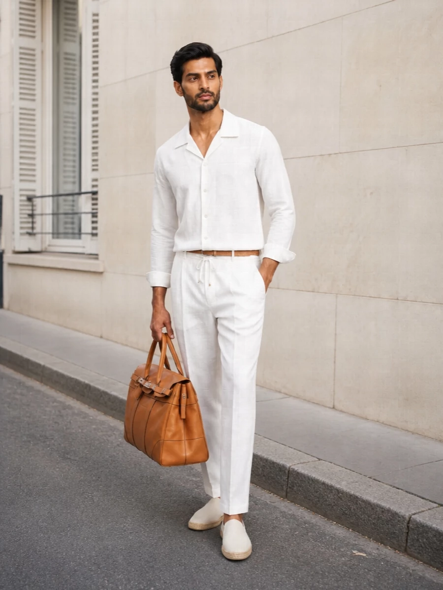 This look leans into a Riviera-refined mood: the relaxed white Brunello Cucinelli shirt is paired with equally airy white drawstring trousers for a column of light that feels polished yet effortless. Light-beige espadrilles keep the silhouette clean and barefoot in spirit, while a tan braided belt and cognac leather weekender add just enough warm contrast to underline the quiet-luxury, travel-ready character of the outfit.