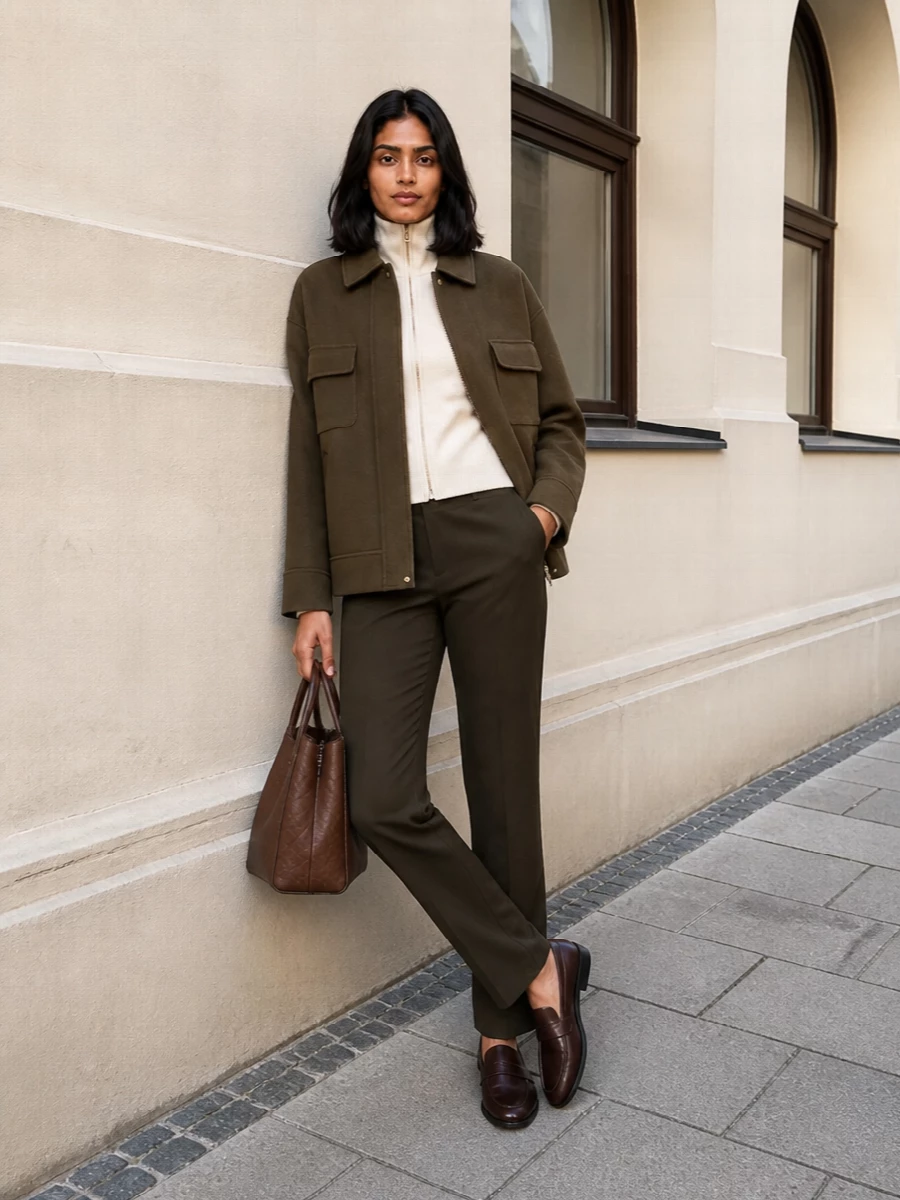 Max mara olive jacket tailored trousers outfit
