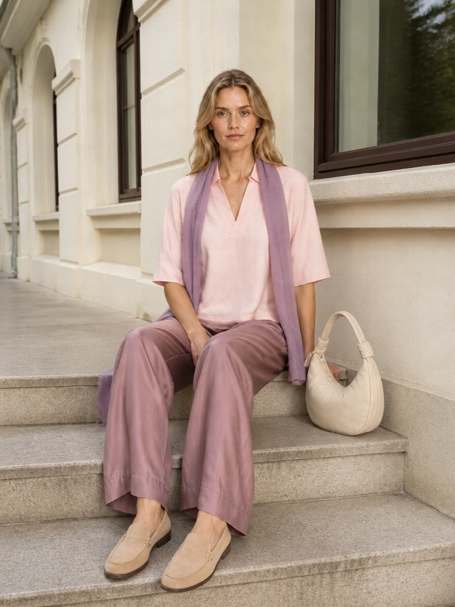 Loulou studio mauve pants blush top loafers