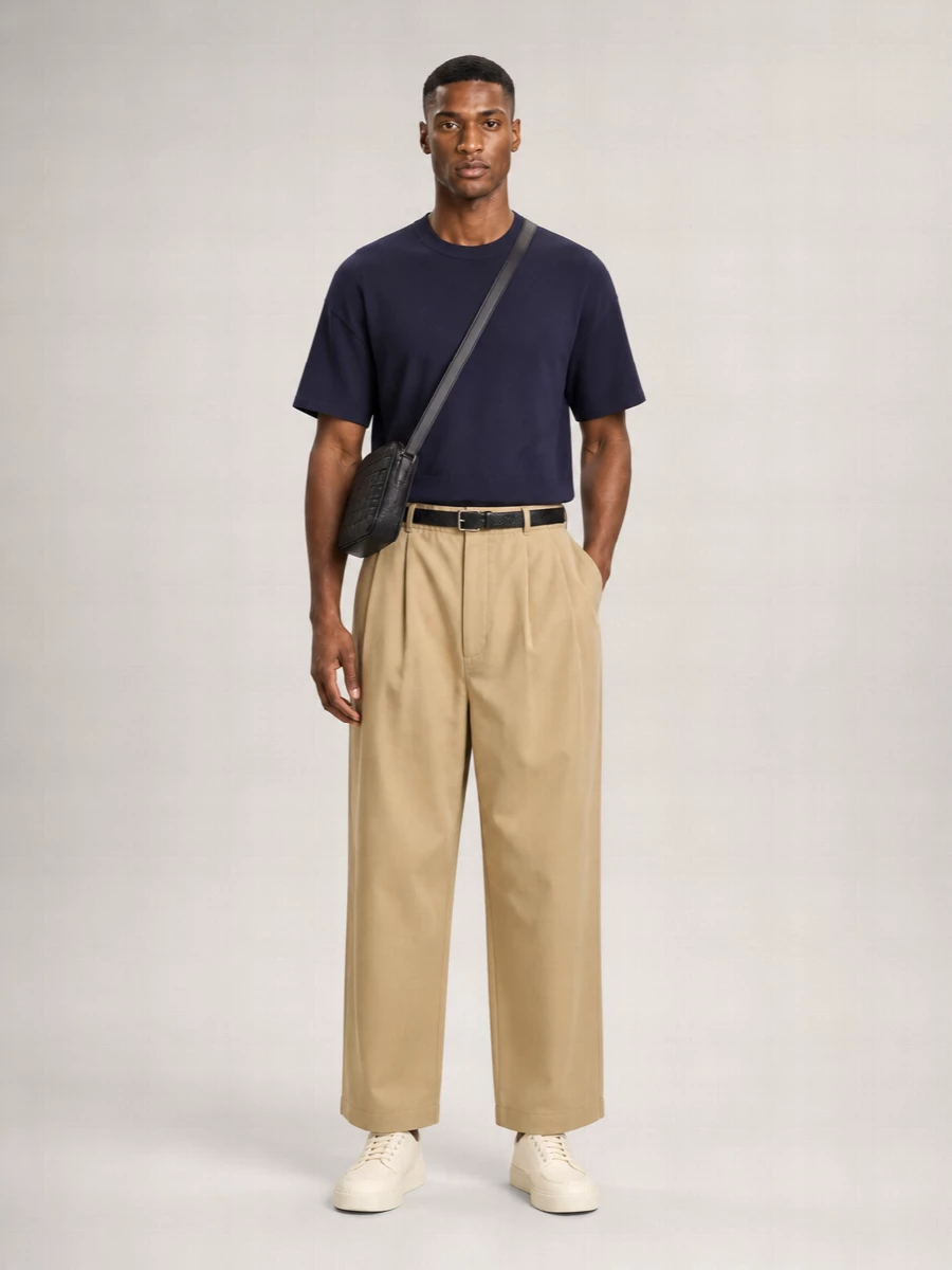Khaki wide-leg chinos meet a boxy navy knit top for a calm, architectural pairing that feels intelligent rather than casual. Cream low-top sneakers keep the line light and modern, while a slim black leather crossbody and woven belt add just enough structure without interrupting the volume. The result is a quietly assured city uniform that moves easily from daytime errands to low-key dinners in warm weather.