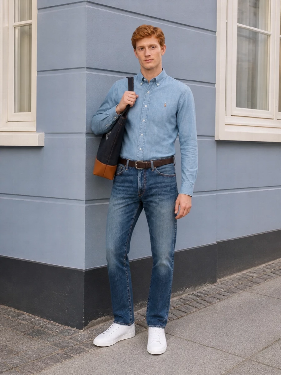 Polo denim shirt jeans adidas sneakers outfit