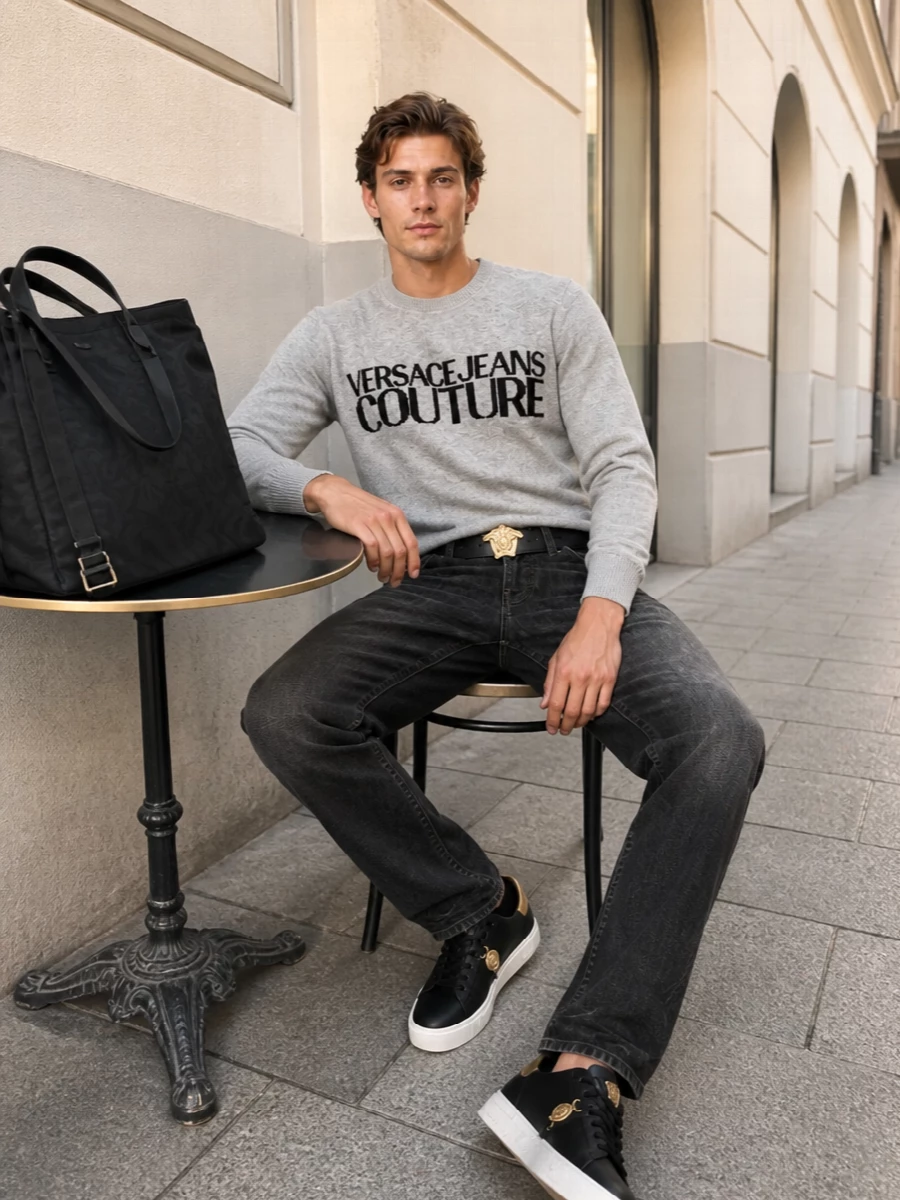 Versace grey logo sweater black jeans outfit
