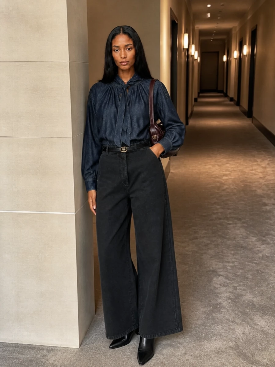 Dries van noten denim blouse wide leg trousers