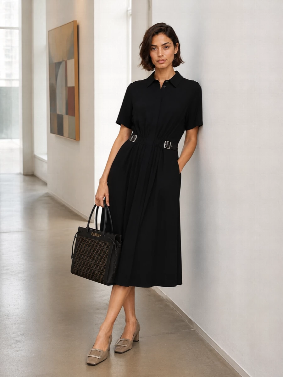 Choosing the black Loewe midi dress keeps the outfit as a clean, uninterrupted column that lets the structured Fendi tote take focus while still reading impeccably polished for office or dinner. The cinched waist and soft drape of the skirt balance the bag’s architecture, and the taupe Roger Vivier pumps introduce a gentle contrast that stays within the same quiet, luxurious language. It is an understated, high-function ensemble that moves easily from client meetings to evening reservations without a change of bag.