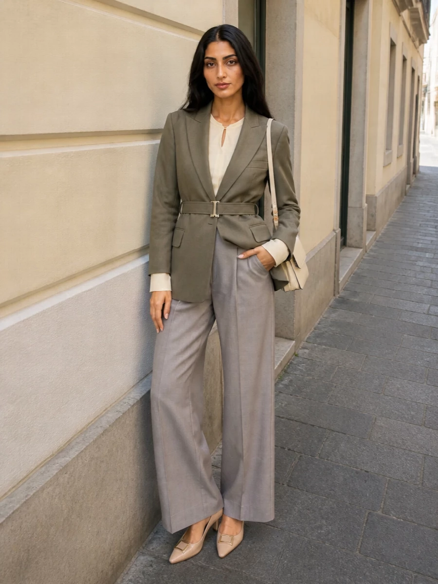 Victoria beckham belted blazer taupe wide leg trousers