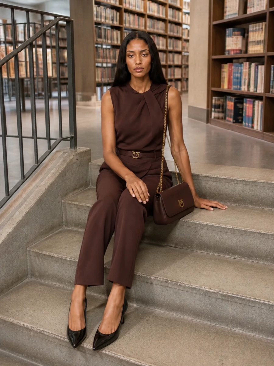 Pinko brown tailored trousers outfit pumps